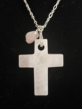Chunky Rose Quartz Crystal Cross And Charm Pendant Necklace